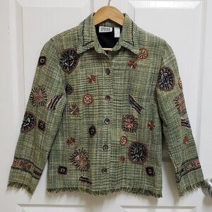 Chico's Blazer Women S Green Plaid Geometric Embellished Button Embroidered Boho